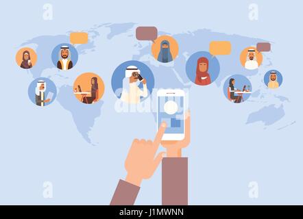 Hand Using Cell Smart Phone, Muslim People Chat Media Communication Social Network Arabic Men and Women Over World Map Stock Vector