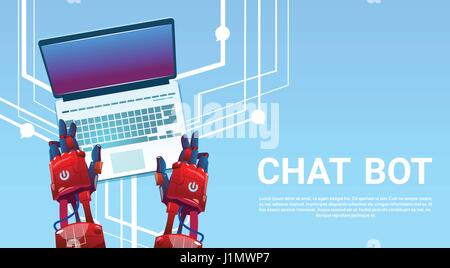 Chat Bot Hands Using Laptop Computer, Robot Virtual Assistance Of Website Or Mobile Applications, Artificial Intelligence Concept Stock Vector