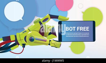 Chat Bot Hands Using Cell Smart Phone, Robot Virtual Assistance Of Website Or Mobile Applications, Artificial Intelligence Concept Stock Vector