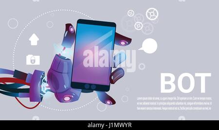 Chat Bot Hands Using Cell Smart Phone, Robot Virtual Assistance Of Website Or Mobile Applications, Artificial Intelligence Concept Stock Vector