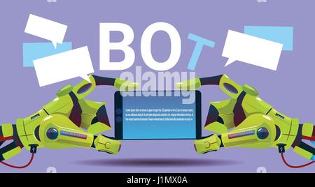Chat Bot Hands Using Cell Smart Phone, Robot Virtual Assistance Of Website Or Mobile Applications, Artificial Intelligence Concept Stock Vector