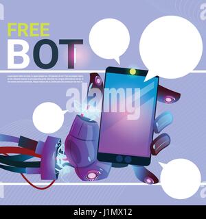 Chat Bot Hands Using Cell Smart Phone, Robot Virtual Assistance Of Website Or Mobile Applications, Artificial Intelligence Concept Stock Vector
