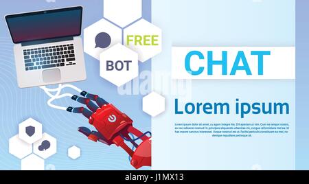 Chat Bot Hands Using Laptop Computer, Robot Virtual Assistance Of Website Or Mobile Applications, Artificial Intelligence Concept Stock Vector