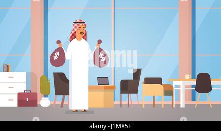 Arab Business Man Holding Money Bags Rich Entrepreneur In Modern Office Stock Vector