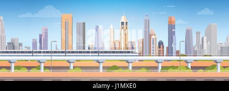 Subway Over City Skyscraper View Cityscape Background Skyline Stock Vector