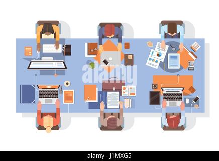 People Using Computers Businesspeople Workplace Desk Top Angle View Teamwork Stock Vector