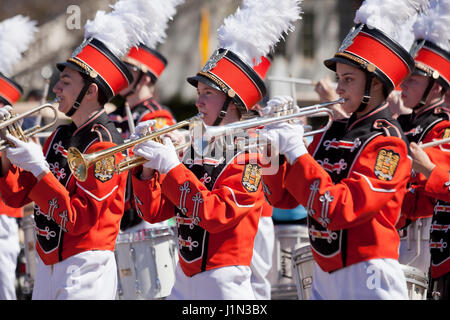 High school marching band trumpet player during parade - USA Stock ...