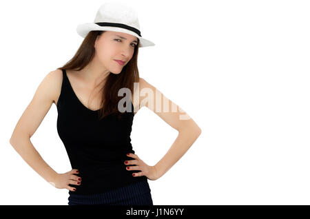 Caucasian woman pucker upset portrait isolated ovet white background Stock Photo