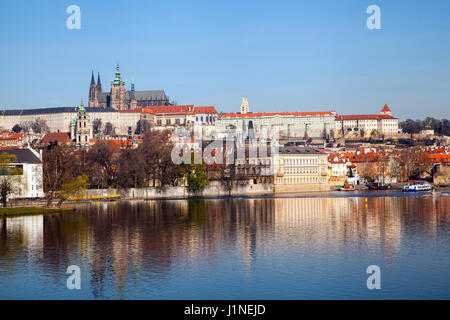 View across the river Vltava towards Prague castle showing the Charles bridge Stock Photo