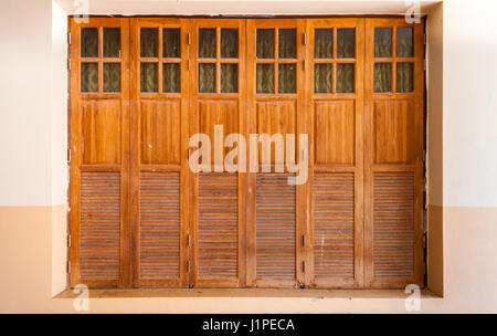 Old Wood Doors with Glasses and Curtains Stock Photo