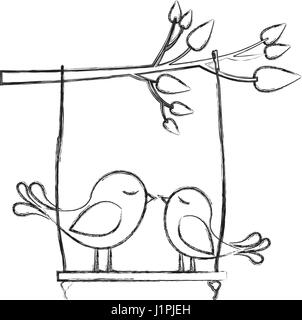 monochrome sketch of tree branch with swing and couple of birds Stock Vector