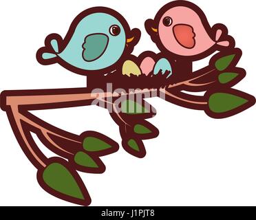 colorful thick silhouette of birds and nest in tree branch in closeup Stock Vector