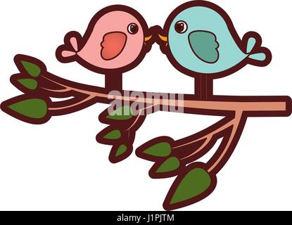 colorful thick silhouette with pair birds in tree branch Stock Vector