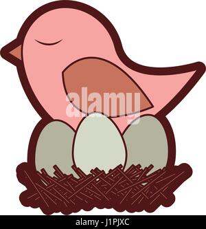 colorful thick silhouette of bird in nest with eggs Stock Vector