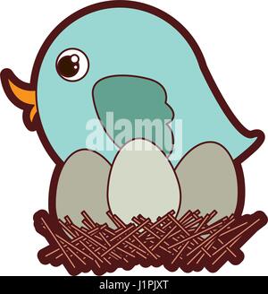 colorful thick silhouette of bird in nest with eggs in closeup Stock Vector