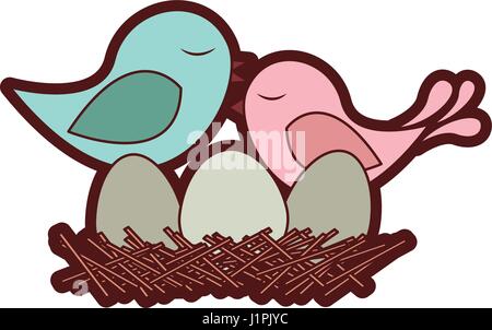 colorful thick silhouette of bird in nest with eggs and chick Stock Vector