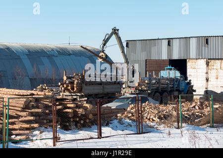 Loader loads logs into a timber truck in the warehouse Stock Photo