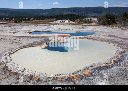 Doublet pool with mineral deposits, Upper Geyser Basin, Yellowstone National Park, Wyoming, USA Stock Photo