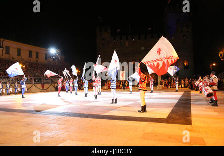 Marostica, VI, Italy - September 9, 2016: flag wavers during great show in the main square of town called Piazza degli Scacchi Stock Photo