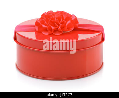 Red metal round gift box isolated on white Stock Photo