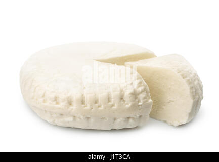 Fresh brined cheese wheel isolated on white Stock Photo