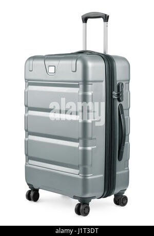 Large silver plastic suitcase isolated on white Stock Photo