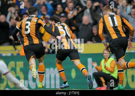 Hull City's Lazar Markovic (centre) celebrates scoring his side's first goal of the game during the Premier League match at the KCOM Stadium, Hull. PRESS ASSOCIATION Photo. Picture date: Saturday April 22, 2017. See PA story SOCCER Hull. Photo credit should read: Richard Sellers/PA Wire. RESTRICTIONS: No use with unauthorised audio, video, data, fixture lists, club/league logos or 'live' services. Online in-match use limited to 75 images, no video emulation. No use in betting, games or single club/league/player publications. Stock Photo