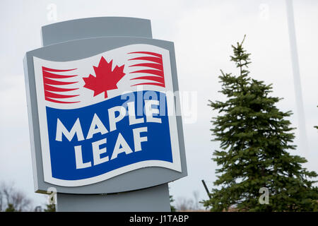 A logo sign outside of a facility occupied by Maple Leaf Foods Inc., in Hannon, Ontario, Canada, on April 15, 2017. Stock Photo