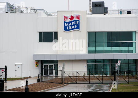 A logo sign outside of a facility occupied by Maple Leaf Foods Inc., in Hannon, Ontario, Canada, on April 15, 2017. Stock Photo