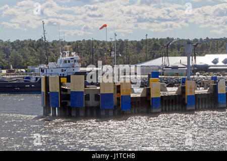 Cape May-Lewes Ferry Quay, Lewes, Delaware: October 25, 2016 - The Cape May-Lewes Ferry quay and docked ferry. The ferries travel 17 miles across the  Stock Photo