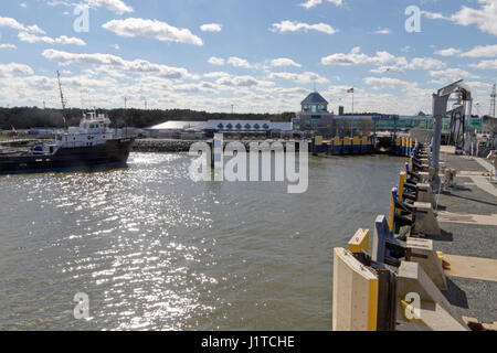 Cape May-Lewes Ferry Quay, Lewes, Delaware: October 25, 2016 - The Cape May-Lewes Ferry quay with ferries that traverse a 17 mile crossing of the Dela Stock Photo