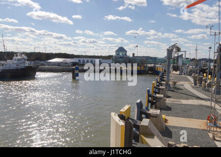 Cape May-Lewes Ferry Quay, Lewes, Delaware: October 25, 2016 - The Cape May-Lewes Ferry quay with a docked ferry.  The ferries traverse a 17 mile cros Stock Photo