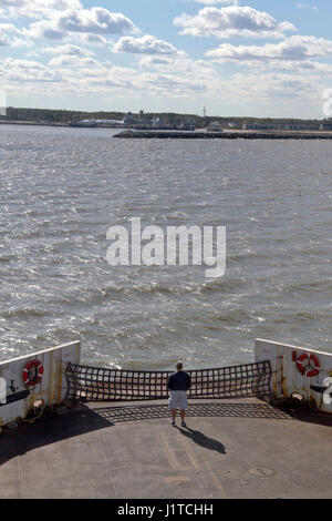 Cape May-Lewes Ferry Quay, Lewes, Delaware: October 25, 2016 - Passenger's view of the Cape May-Lewes Ferry as it approaches the dock.  The ferry trav Stock Photo