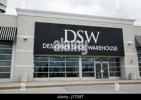 A logo sign outside of a DSW Designer Shoe Warehouse retail store in Mississauga, Ontario, Canada, on April 16, 2017. Stock Photo