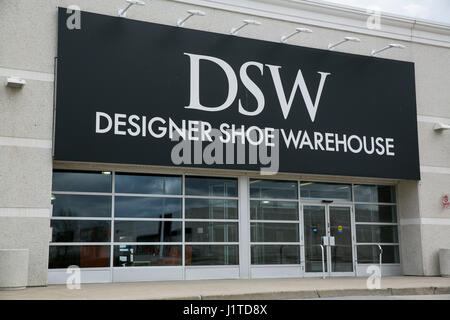 A logo sign outside of a DSW Designer Shoe Warehouse retail store in Mississauga, Ontario, Canada, on April 16, 2017. Stock Photo