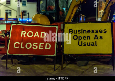 Road Closed and Business Open As Usual UK Roadworks Signs. Stock Photo