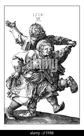 A.D. 1514:  peasant couple dancing, by Albrecht Dürer Stock Photo