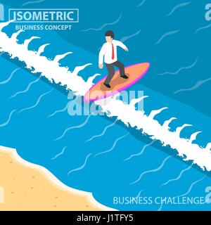 Flat 3d isometric businessman surfing on the wave, business challenge and confident concept Stock Vector