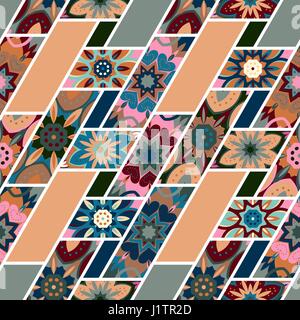 Vector abstract seamless patchwork pattern with geometric and floral ornaments, stylized flowers, dots and lace. Vintage boho style. Stock Vector