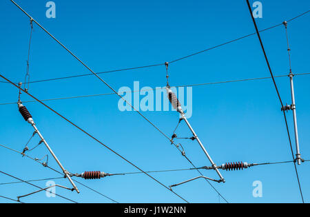 Detail of overhead railway electricity cables, Scotland, UK Stock Photo