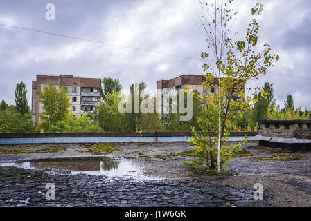View from roof of High school No 2 in Pripyat ghost city of Chernobyl Nuclear Power Plant Zone of Alienation around nuclear reactor disaster, Ukraine Stock Photo