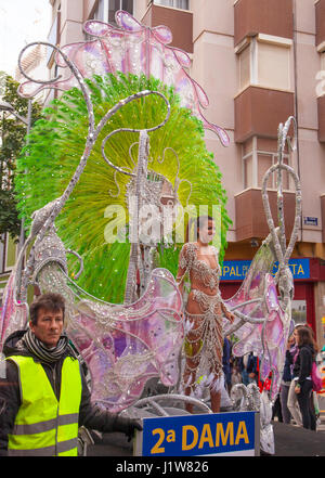 LAS PALMAS - February 20: 'Second Dame' greats the viewers before the  main carnival parade, February 20, 2016 in Las Palmas, Gran Canaria, Spain Stock Photo