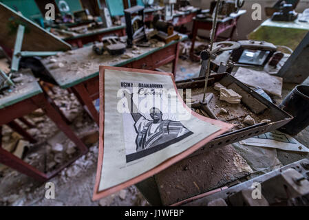 'Peace for all the Nations of Africa' poster in secondary school in Mashevo village of Chernobyl Nuclear Power Plant Zone of Alienation in Ukraine Stock Photo