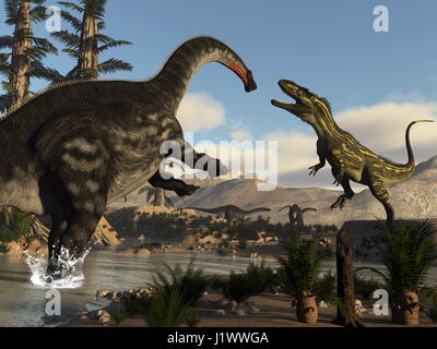 Torvosaurus dinosaur fighting against apatosaurus by day - 3D render Stock Photo