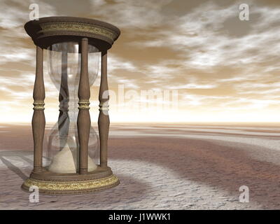 Wooden hourglass by brown sunset - 3D render Stock Photo