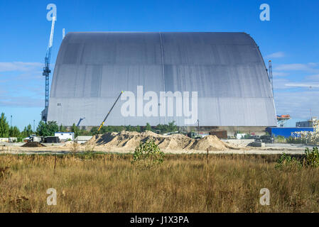 Chernobyl New Safe Confinement for No 4 unit of Chernobyl Nuclear Power Plant in Zone of Alienation, Ukraine Stock Photo