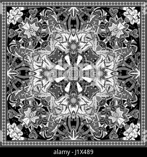authentic silk neck scarf or kerchief square pattern design in eastern style for print on fabric, vector illustration Stock Vector