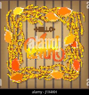 Hello Autumn Background. Bright autumn branch and leaves on wood background. Hello autumn lettering Stock Vector