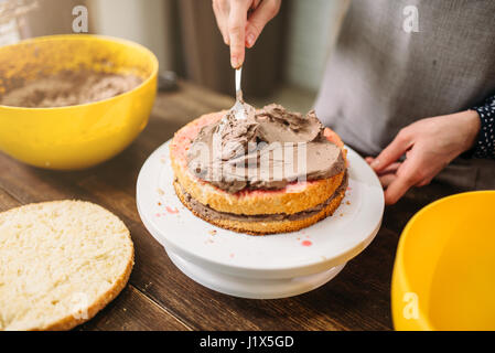 Female hands smears cake with chocolate cream closeup view. Tasty dessert homemade cooking Stock Photo