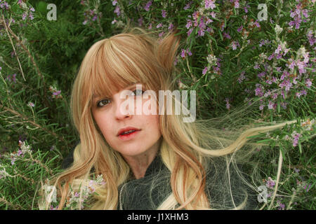 Young woman lying in a rosemary bush Stock Photo
